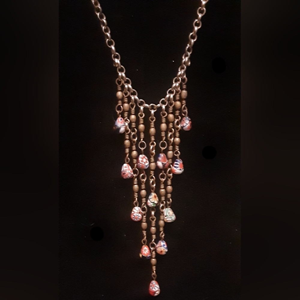 Vintage ITALY Teardrop Millefiore (end of day) Beaded Necklace 2 tone